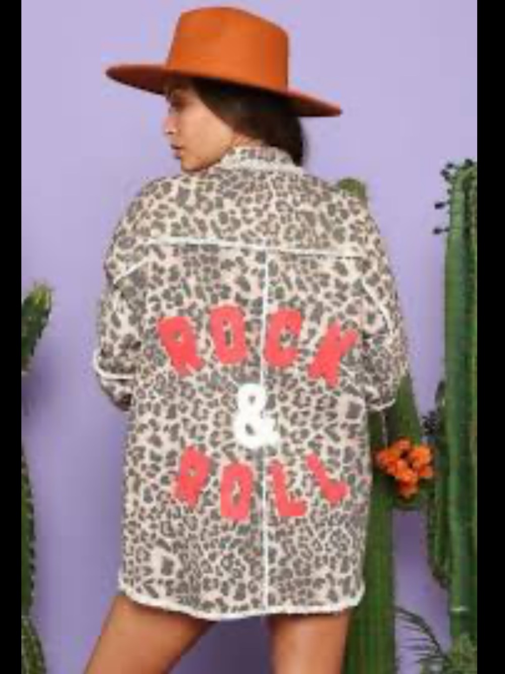 Leopard Print Oversized Jean Jacket with Red 'Rock & Roll' Appliqué - Brown - Picture 2 of 4